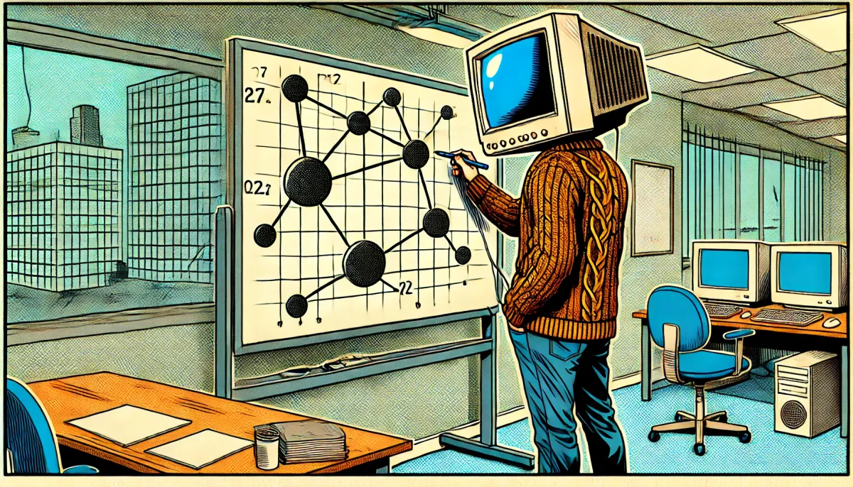 Comic book style illustration of a character with a CRT monitor instead of a head, wearing a wool cardigan and jeans, standing in front of a whiteboard. The CRT monitor is turned towards the whiteboard, as if observing the drawing closely. The character is drawing a graph on the whiteboard with round nodes connected by arrows. The background is an office environment with computers and office furniture, but no other people. The illustration should have fewer special effects, focusing on a simple, clean comic book aesthetic with less exaggerated action lines. The aspect ratio is wide to capture more of the scene.